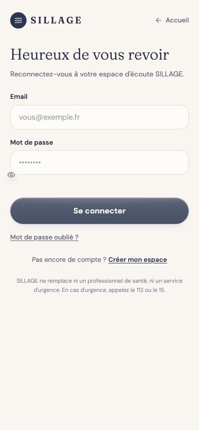 Écran réel de connexion à Sillage