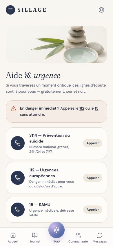 Capture réelle de Sillage : l’écran de ressources et la navigation vers Journal, NAYA, Communauté et Messages